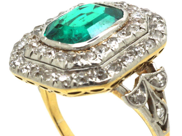 Art Deco 18ct Gold & Platinum, Columbian Emerald & Diamond Rectangular Ring with Diamond Set Shoulders