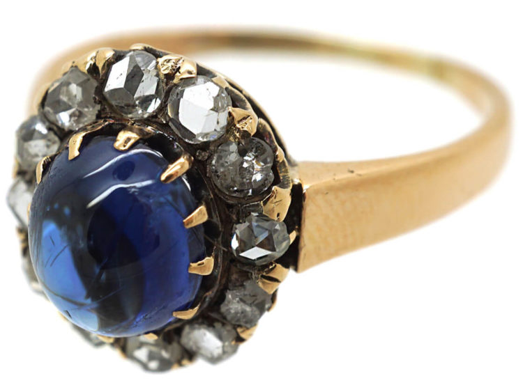 Edwardian 14ct Gold, Cabochon Sapphire & Rose Diamond Oval Cluster Ring
