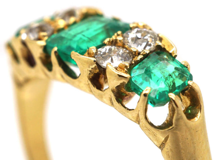 Victorian 18ct Gold, Three Stone Emerald & Diamond Ring