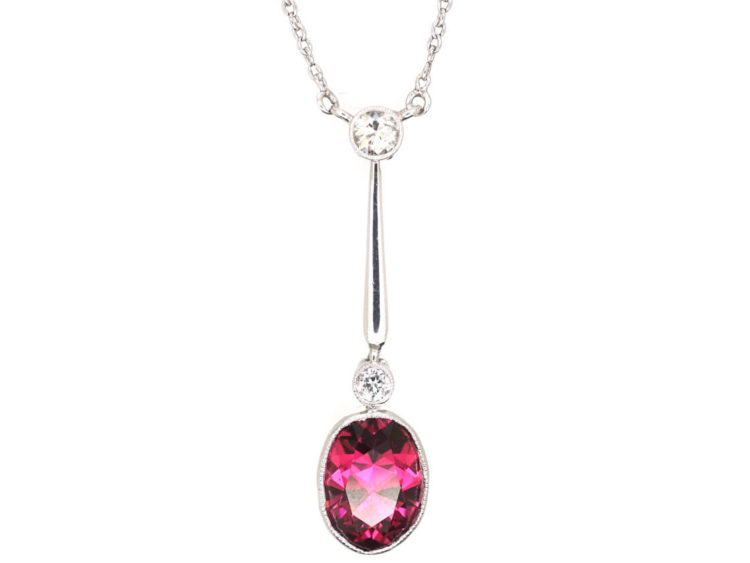 Art Deco Pink Tourmaline & Diamond Pendant on Chain