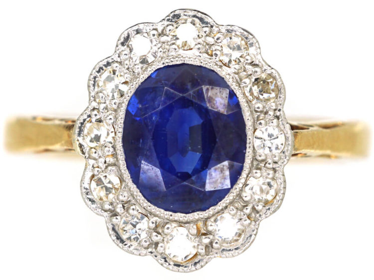 Edwardian 18ct Gold & Platinum, Sapphire & Diamond Oval Cluster Ring
