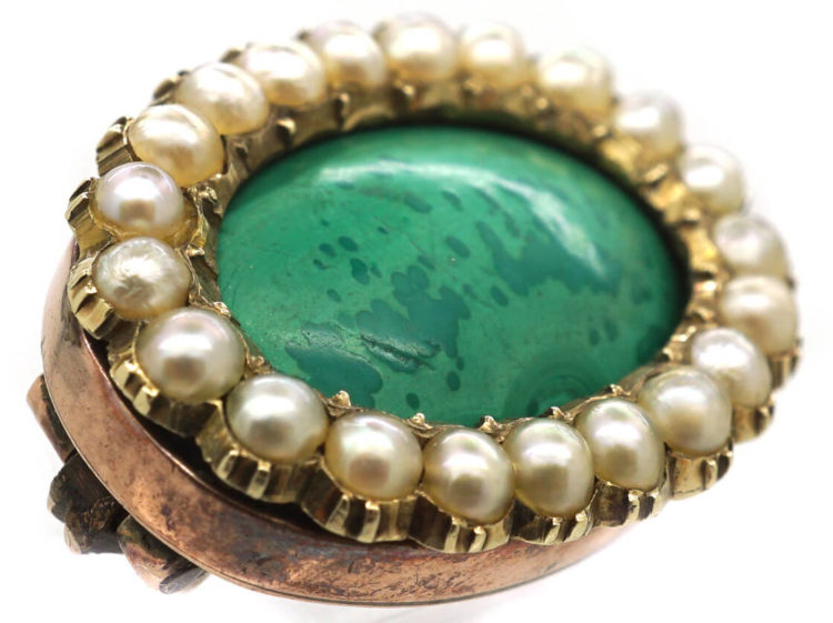Georgian 9ct Gold, Malachite & Natural Split Pearl Oval Brooch