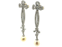 Edwardian Platinum, Diamond & Pearl Drop Earrings with Bow Drops