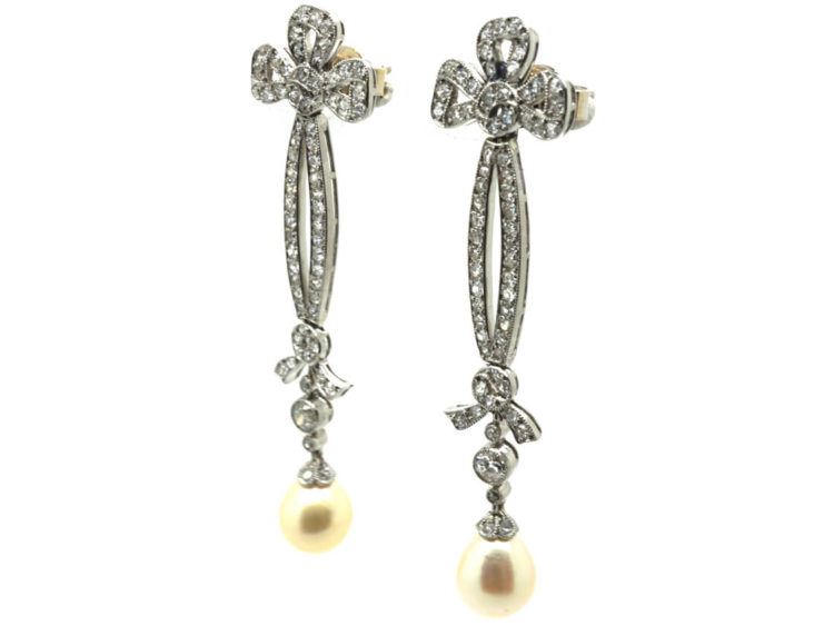Edwardian Platinum, Diamond & Pearl Drop Earrings with Bow Drops