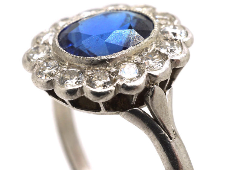Edwardian Platinum, Sapphire & Diamond Oval Cluster Ring