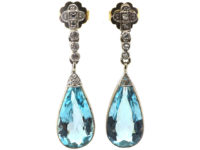 Edwardian 18ct White Gold, Aquamarine & Diamond Drop Earrings