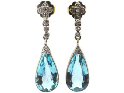 Edwardian 18ct White Gold, Aquamarine & Diamond Drop Earrings Edwardian 18ct White Gold, Aquamarine & Diamond Drop Earrings