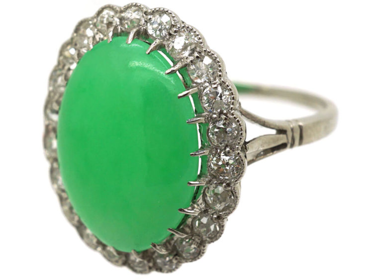 Art Deco Platinum,Jade & Diamond Oval Cluster Ring
