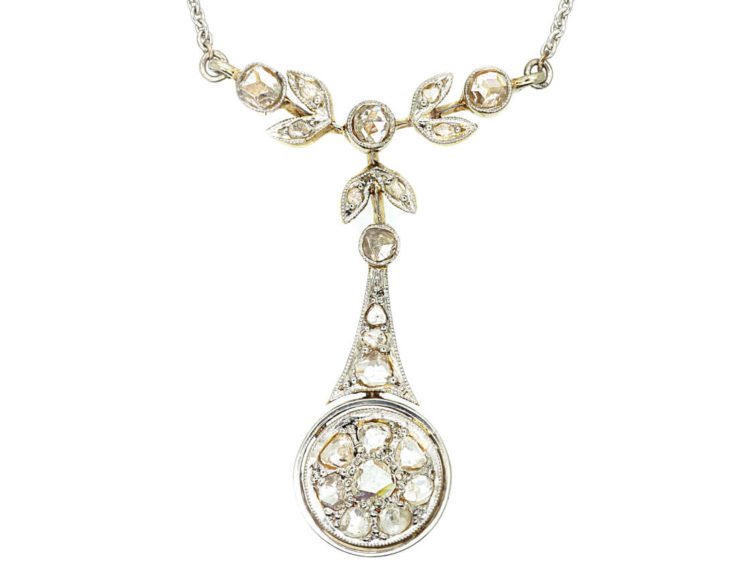 Edwardian 15ct Gold & Platinum Rose Diamond Pendant on Chain
