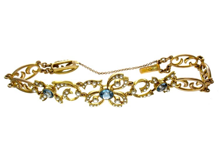 Edwardian 15ct Gold, Blue Zircon & Natural Split Pearl Bracelet