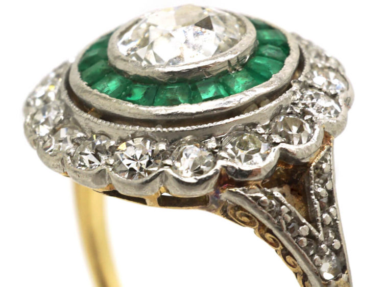 Art Deco 14ct Gold & Platinum, Diamond & Emerald Target Ring