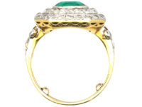 Art Deco 18ct Gold & Platinum, Columbian Emerald & Diamond Rectangular Ring with Diamond Set Shoulders