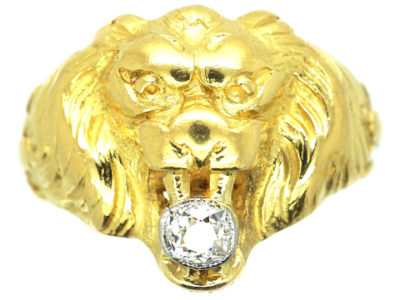 French 18ct Gold Belle Epoque Lion Ring set with a Diamond