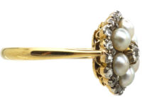 Edwardian 18ct Gold Natural Pearl & Diamond Cluster Ring