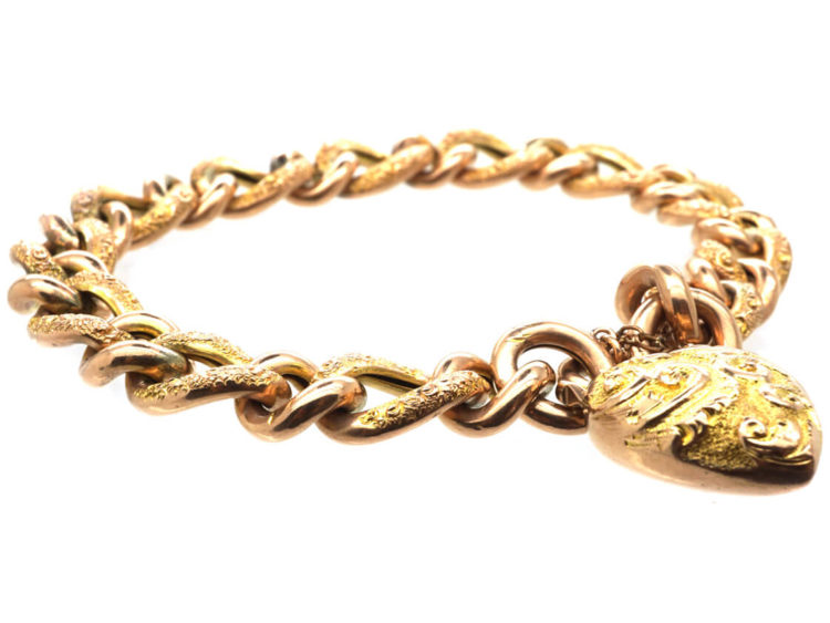 Edwardian 9ct Gold Curb Bracelet with Heart Shaped Padlock
