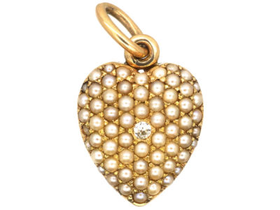 Edwardian 15ct Gold Diamond & Natural Split Pearl Pave Set Heart Locket