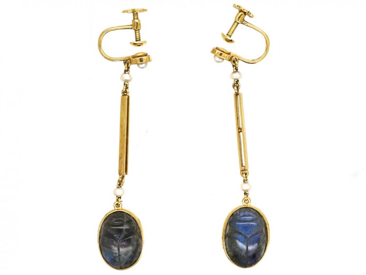Art Deco 15ct Gold Egyptian Revival Labradorite Scarab Earrings