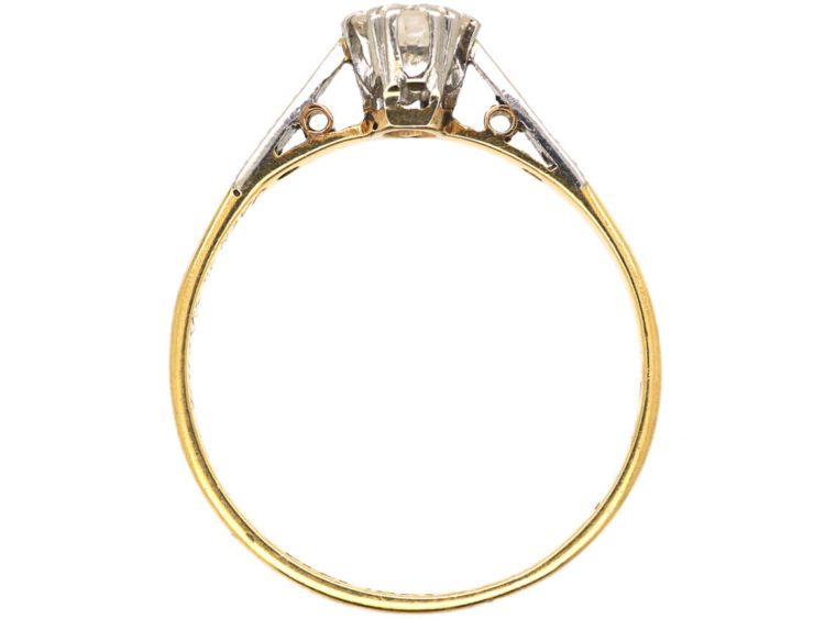 Art Deco 18ct Gold & Platinum, Diamond Solitaire Ring with Diamond Set Shoulders