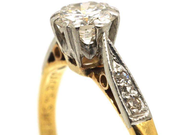 Art Deco 18ct Gold & Platinum, Diamond Solitaire Ring with Diamond Set Shoulders