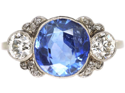 Art Deco Platinum, Ceylon Sapphire & Diamond Ring