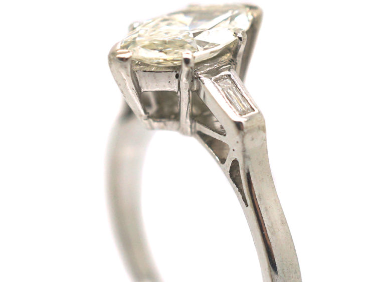 Platinum, Diamond Marquise Ring with Baguette Shoulders