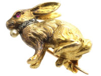 Edwardian 18ct Gold Rabbit Brooch with Rose Diamond & Pearl Collar & Ruby Eye