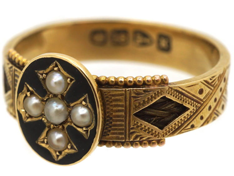 Victorian 18ct Gold Mourning Ring with Natural Split Pearl Cross