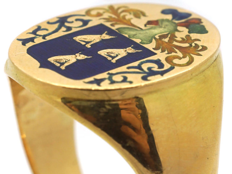 Large 18ct Gold & Enamel Signet Ring with Crest