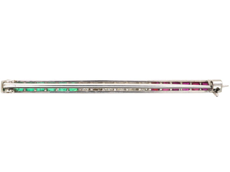 Art Deco 18ct White Gold, Emerald, Diamond & Ruby Bar Brooch
