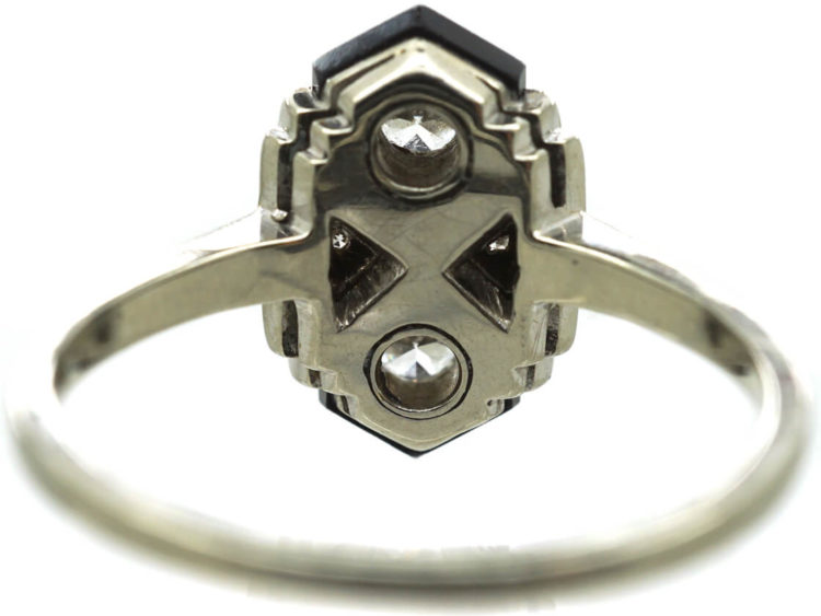 Art Deco 14ct White Gold, Onyx & Diamond Geometric Ring