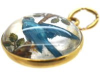 Edwardian 18ct Gold Reverse Intaglio Rock Crystal Pendant of a Bluebird