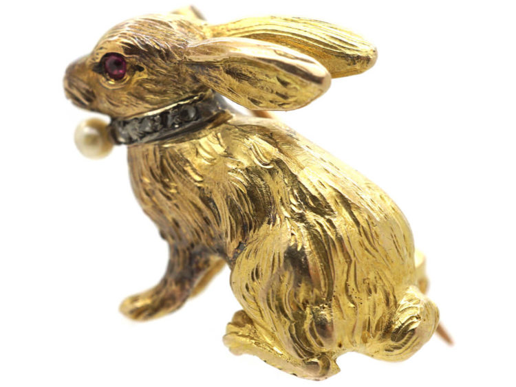 Edwardian 18ct Gold Rabbit Brooch with Rose Diamond & Pearl Collar & Ruby Eye