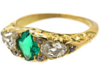 Victorian 18ct Gold Emerald & Diamond Three Stone Carved Half Hoop Ring