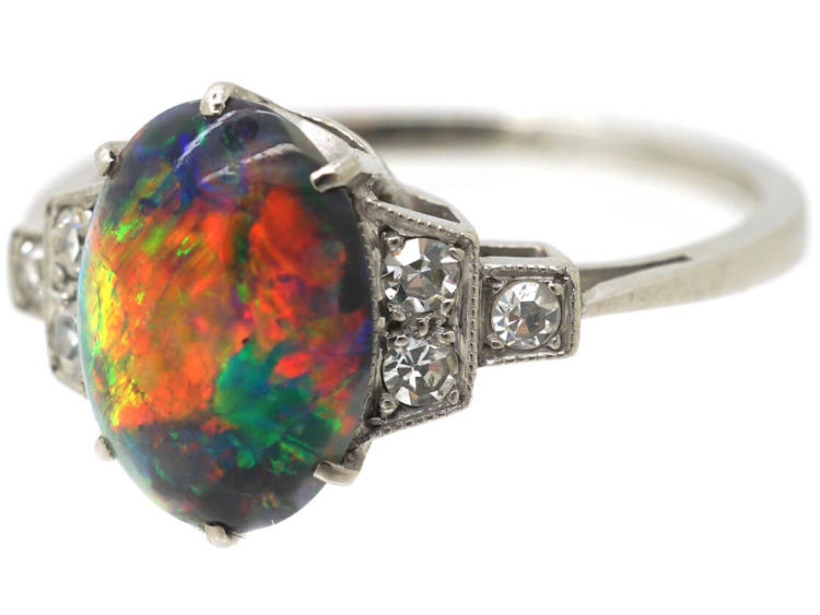 Art Deco Platinum, Black Opal & Diamond Ring