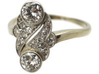 Art Deco 18ct White Gold Two Stone Diamond Ring with Diamond Set Leaf Design