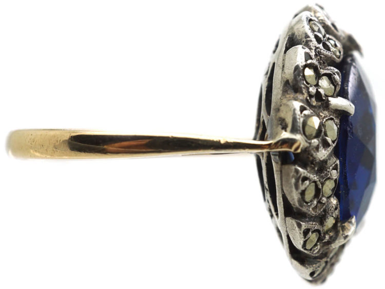 Art Deco Marcasite & Blue Paste Silver & Gold Ring