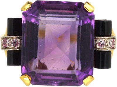Art Deco 14ct Gold, Amethyst, Onyx & Diamond Ring