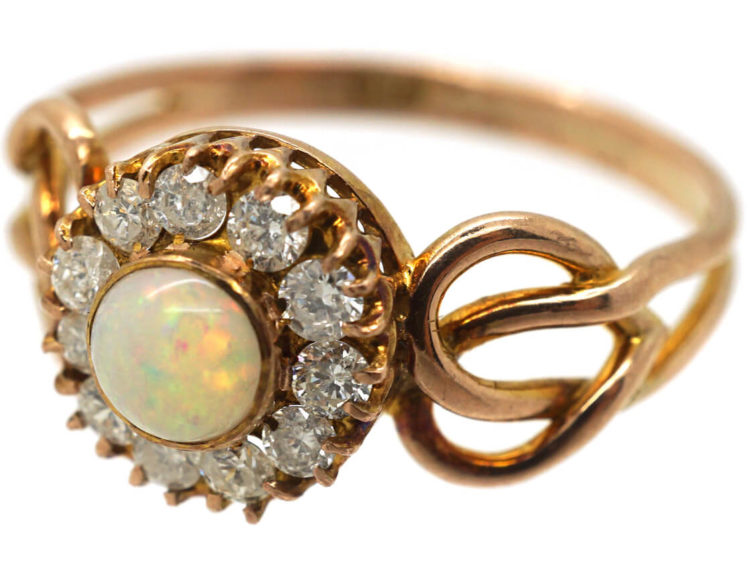 Art Nouveau 9ct Gold, Opal & Diamond Cluster Ring