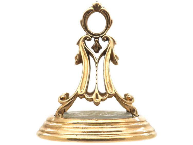 Georgian 15ct Gold & Chalcedony Seal with an Intaglio of a Crest