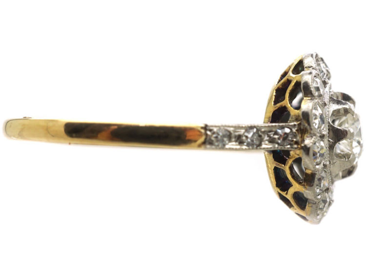 Edwardian 18ct Gold & Platinum, Diamond Cluster Ring with Diamond Set Shoulders