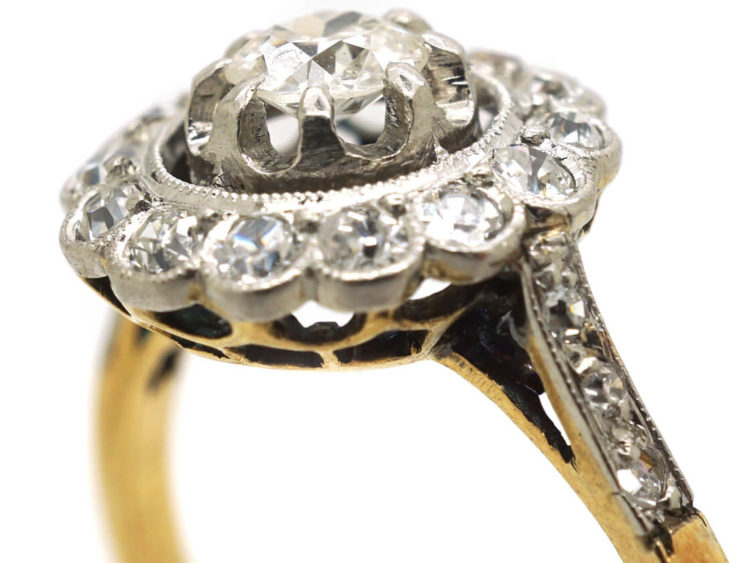 Edwardian 18ct Gold & Platinum, Diamond Cluster Ring with Diamond Set Shoulders
