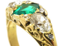 Victorian 18ct Gold Emerald & Diamond Three Stone Carved Half Hoop Ring