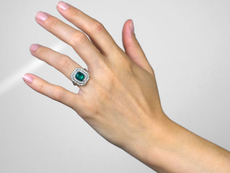Art Deco 18ct Gold & Platinum, Columbian Emerald & Diamond Rectangular Ring with Diamond Set Shoulders