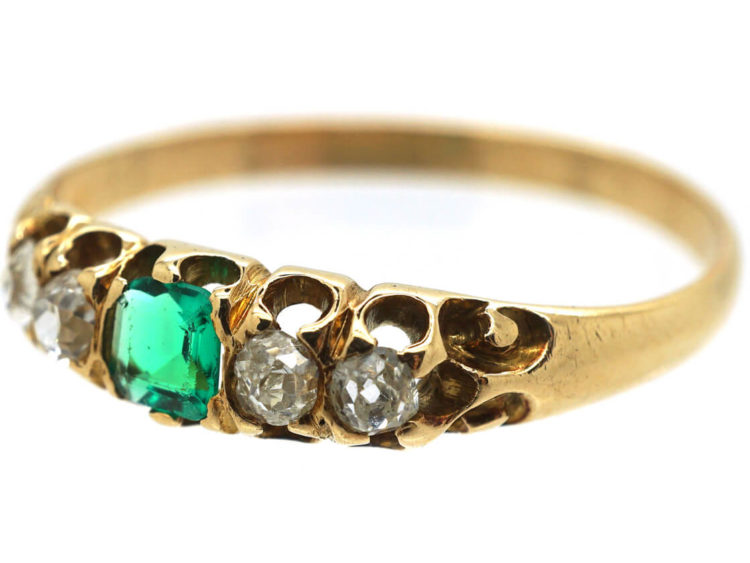 Victorian 18ct Emerald & Diamond Five Stone Ring
