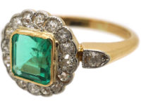 Edwardian 18ct Gold & Platinum, Square Cut Emerald & Diamond Cluster Ring