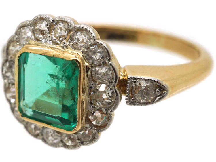 Edwardian 18ct Gold & Platinum, Square Cut Emerald & Diamond Cluster Ring