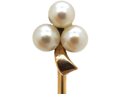 Edwardian 15ct Gold & Pearl Three Leaf Clover Tie Pin