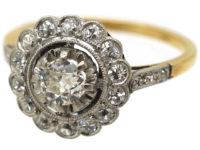 Edwardian 18ct Gold & Platinum, Diamond Cluster Ring with Diamond Set Shoulders