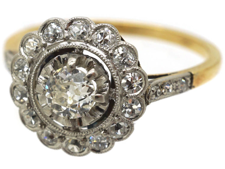 Edwardian 18ct Gold & Platinum, Diamond Cluster Ring with Diamond Set Shoulders