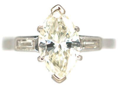 Platinum, Diamond Marquise Ring with Baguette Shoulders